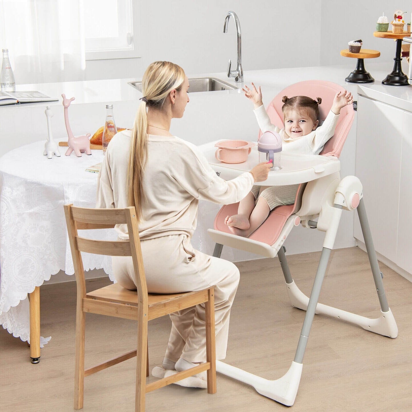 4-in-1 Foldable Baby High Chair with 7 Adjustable Heights and Free Toys Bar, Pink - Gallery Canada