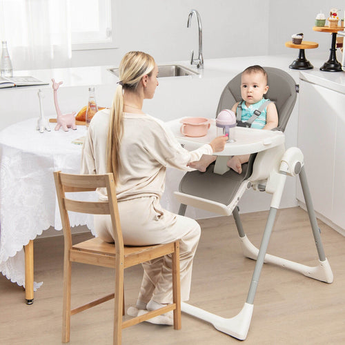 4-in-1 Foldable Baby High Chair with 7 Adjustable Heights and Free Toys Bar, Gray