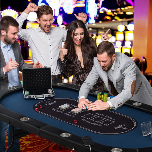 Foldable 10-Player Poker Table with LED Lights and USB Ports Ideal for Texas Casino, Blue - Gallery Canada