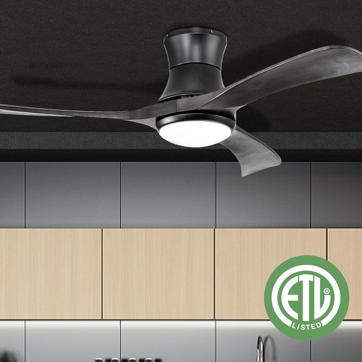 52 Inch Flush Mount Ceiling Fan with LED Light, Black at Gallery Canada