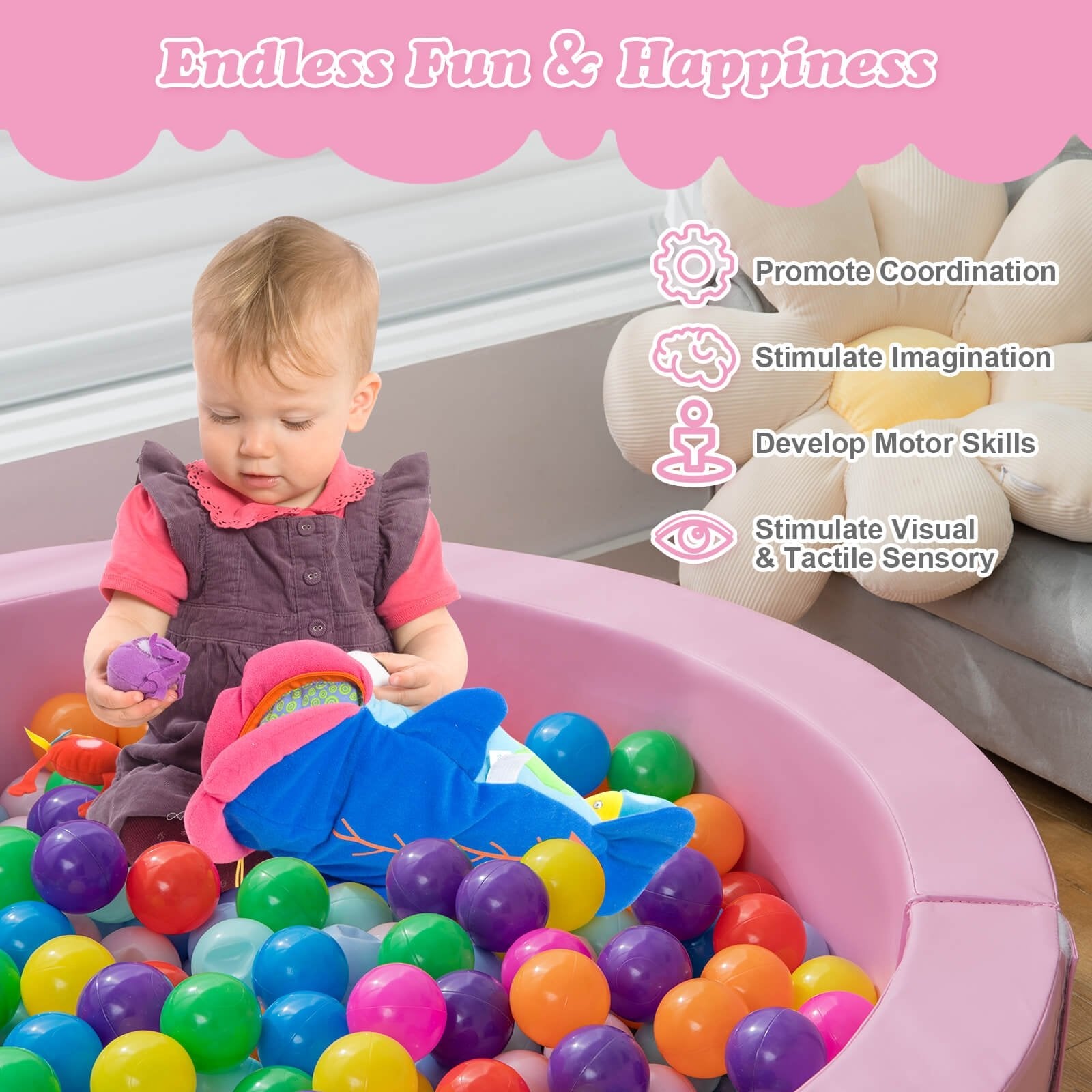 Large Round Foam Ball Pit with PU Surface and 50 Balls, Pink - Gallery Canada
