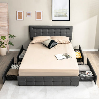 Upholstered Queen LED Bed Frame with Headboard and 4 Drawers, Gray - Gallery Canada