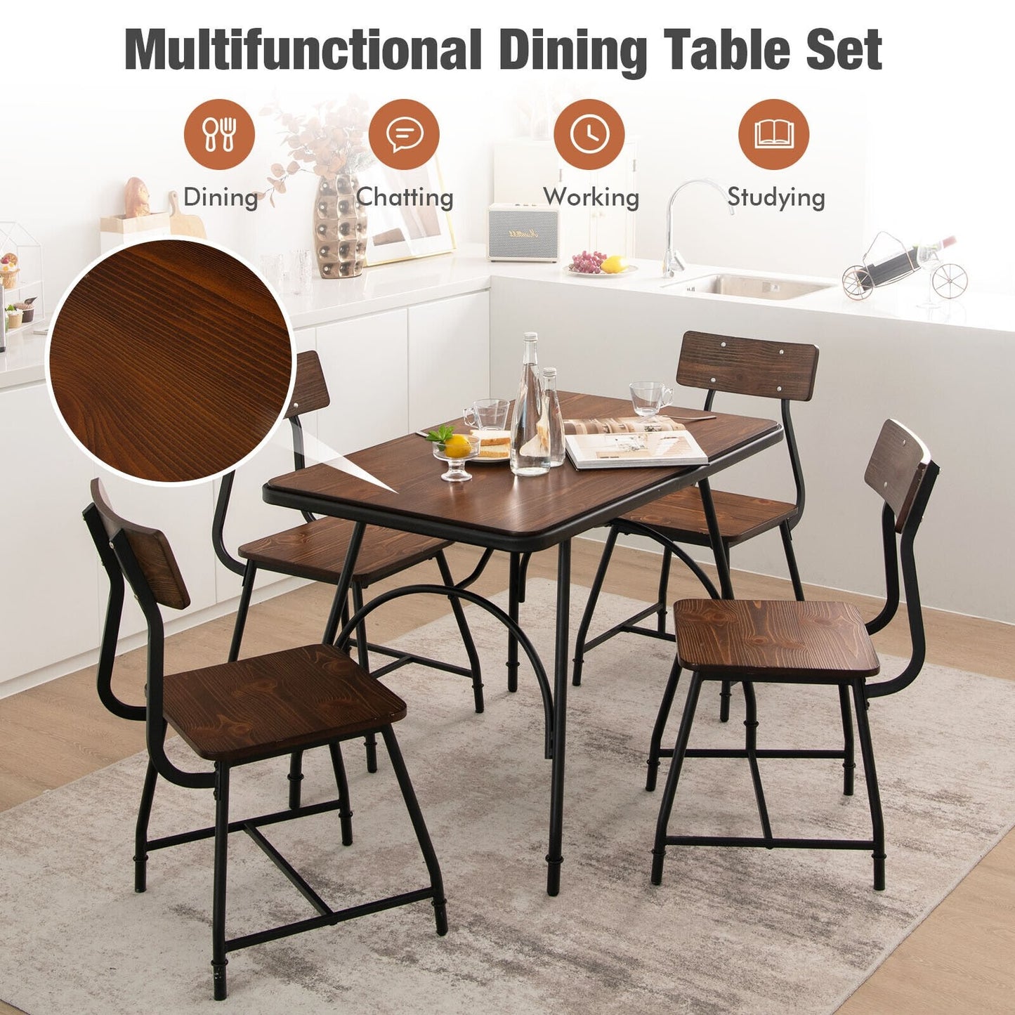 5 Piece Rectangular Dining Table Set with Metal Frame, Brown - Gallery Canada