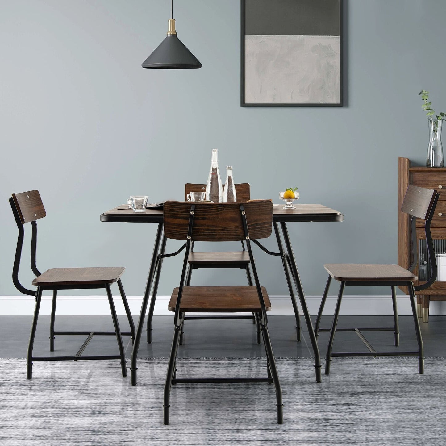 5 Piece Rectangular Dining Table Set with Metal Frame, Brown - Gallery Canada