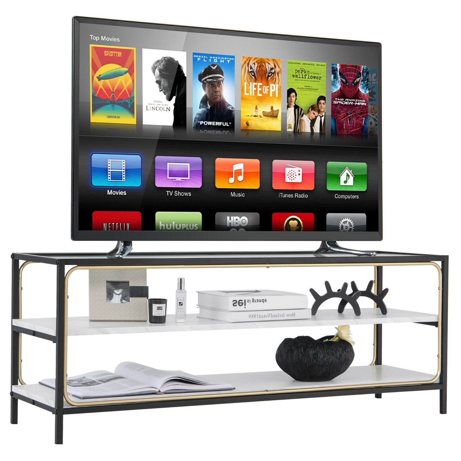 3-Tier TV Stand for TVs up to 50 Inch with Tempered Glass Top, White - Gallery Canada