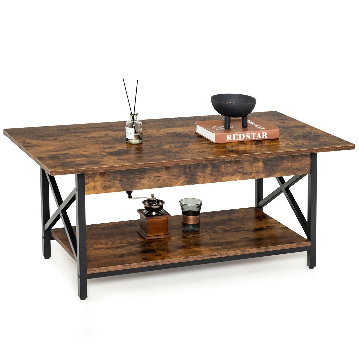 2-Tier Industrial Rectangular Coffee Table with Storage Shelf, Rustic Brown Coffee Tables Rustic Brown at Gallery Canada