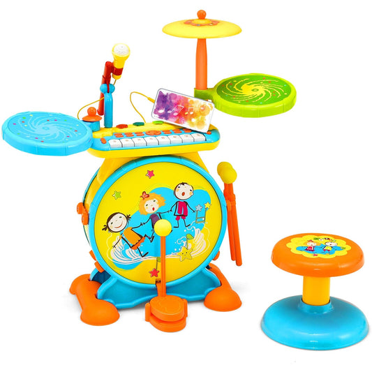 2-in-1 Kids Electronic Drum and Keyboard Set with Stool, Blue