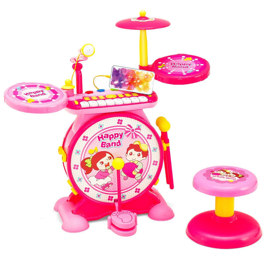 2-in-1 Kids Electronic Drum and Keyboard Set with Stool, Pink