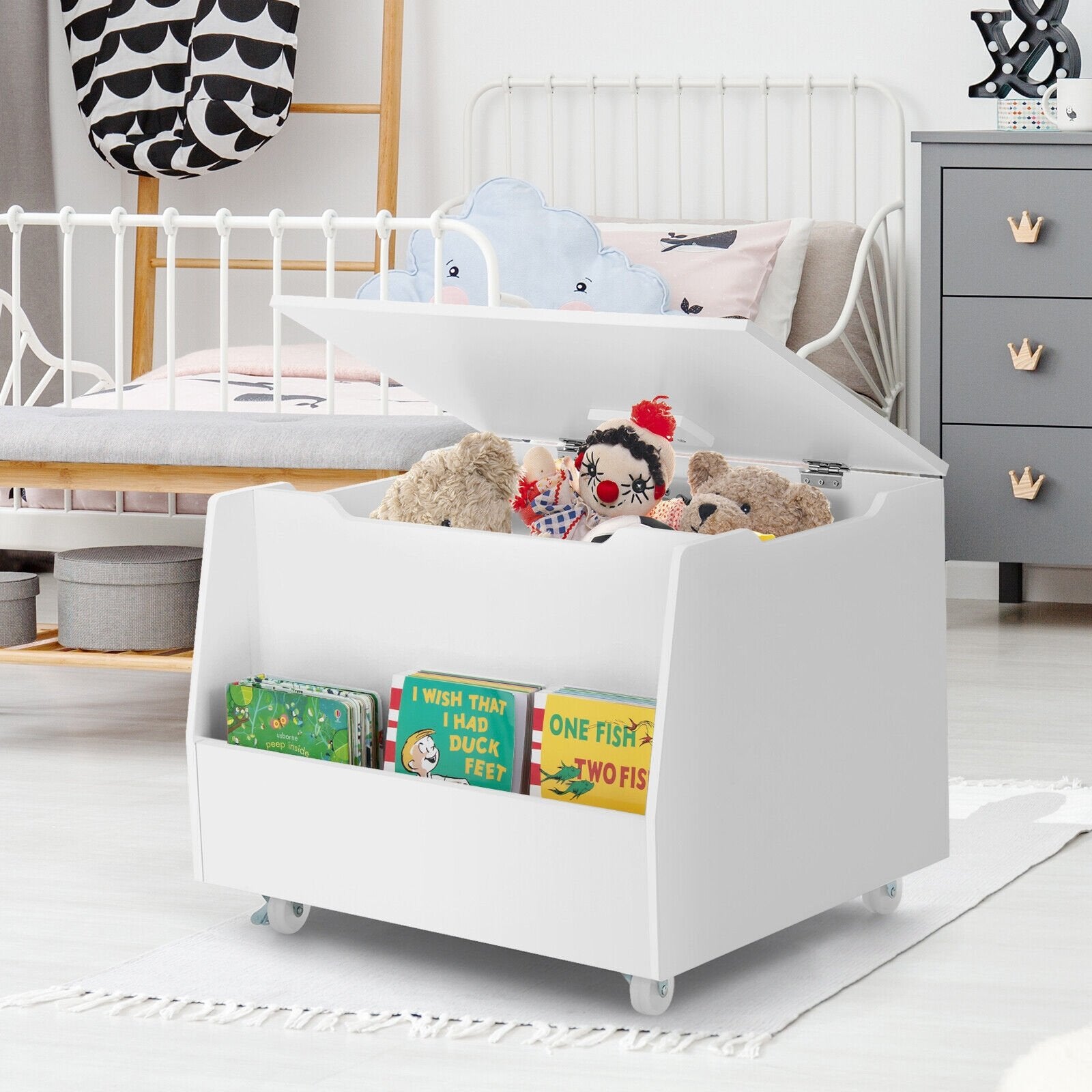 Wooden Mobile Toy Storage Organizer with Bookshelf and Lockable Wheels, White - Gallery Canada