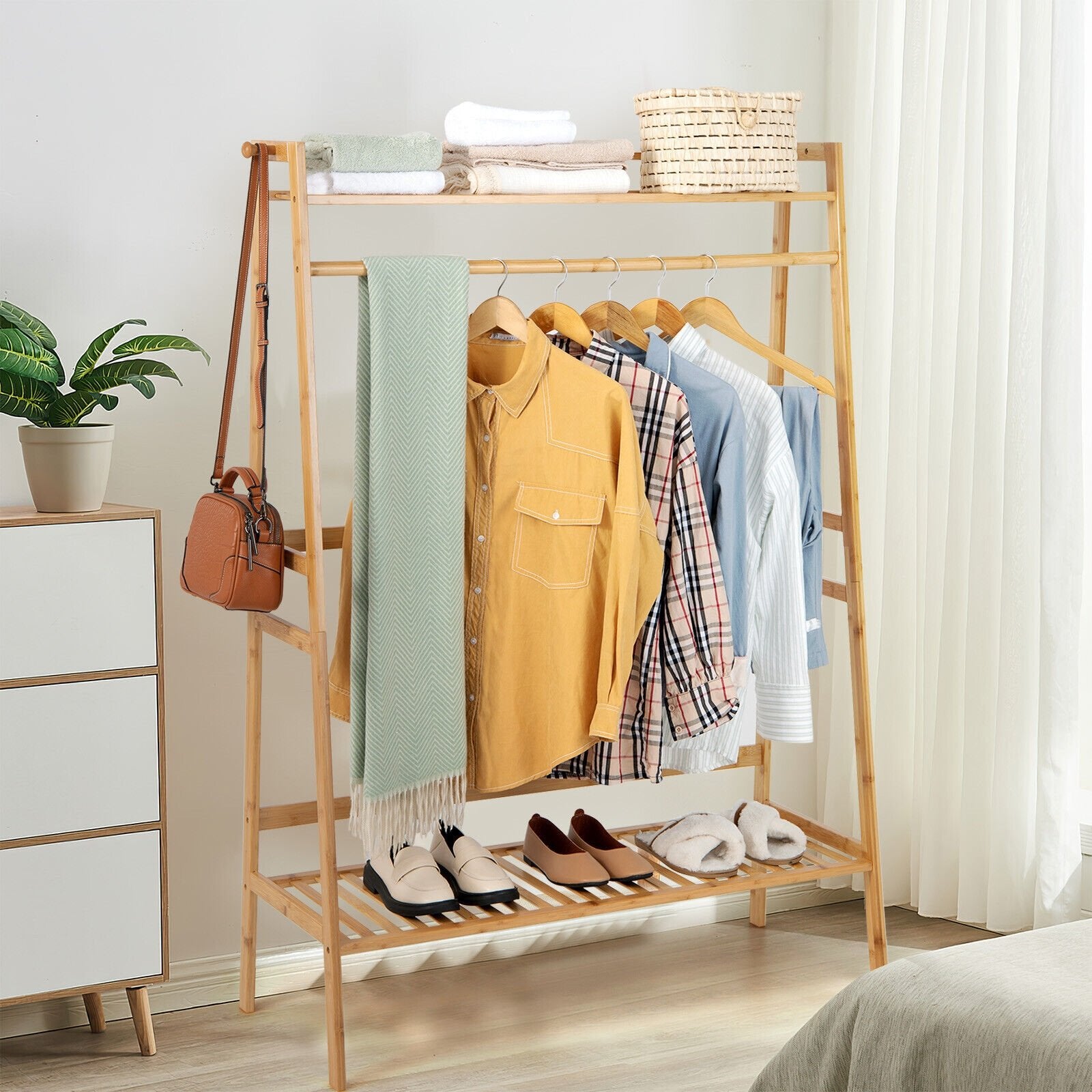 Bamboo Clothing Rack with Storage Shelves, Natural - Gallery Canada