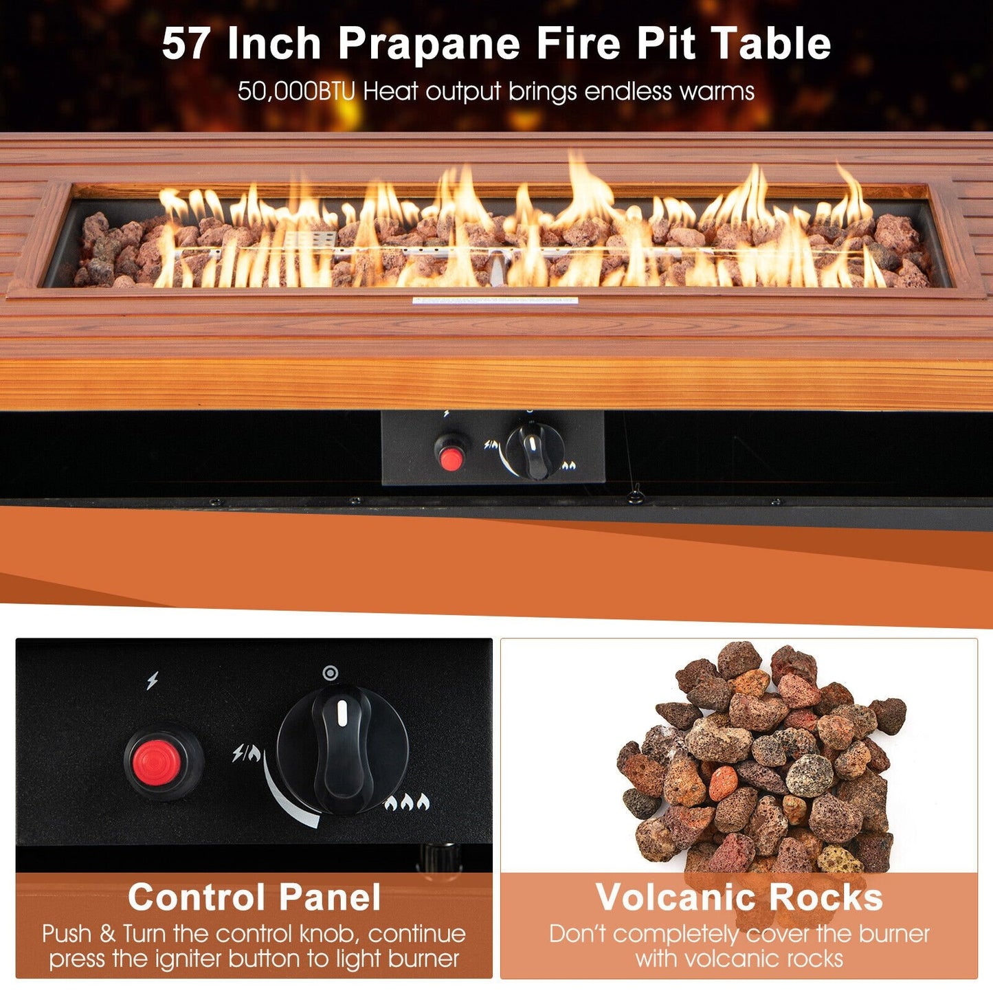 57 Inch 50 000 BTU Rectangular Propane Outdoor Fire Pit Table, Brown - Gallery Canada