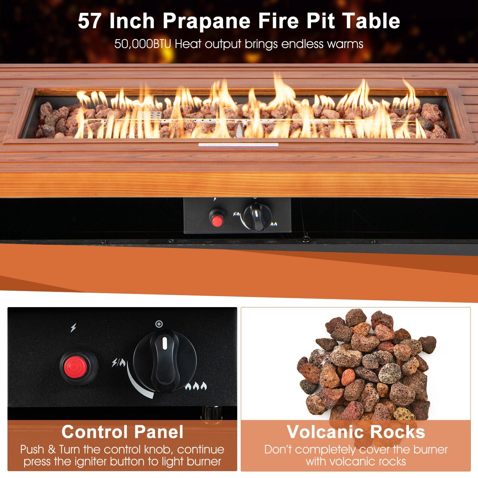 57 Inch 50 000 BTU Rectangular Propane Outdoor Fire Pit Table, Brown Fire Pit Tables at Gallery Canada