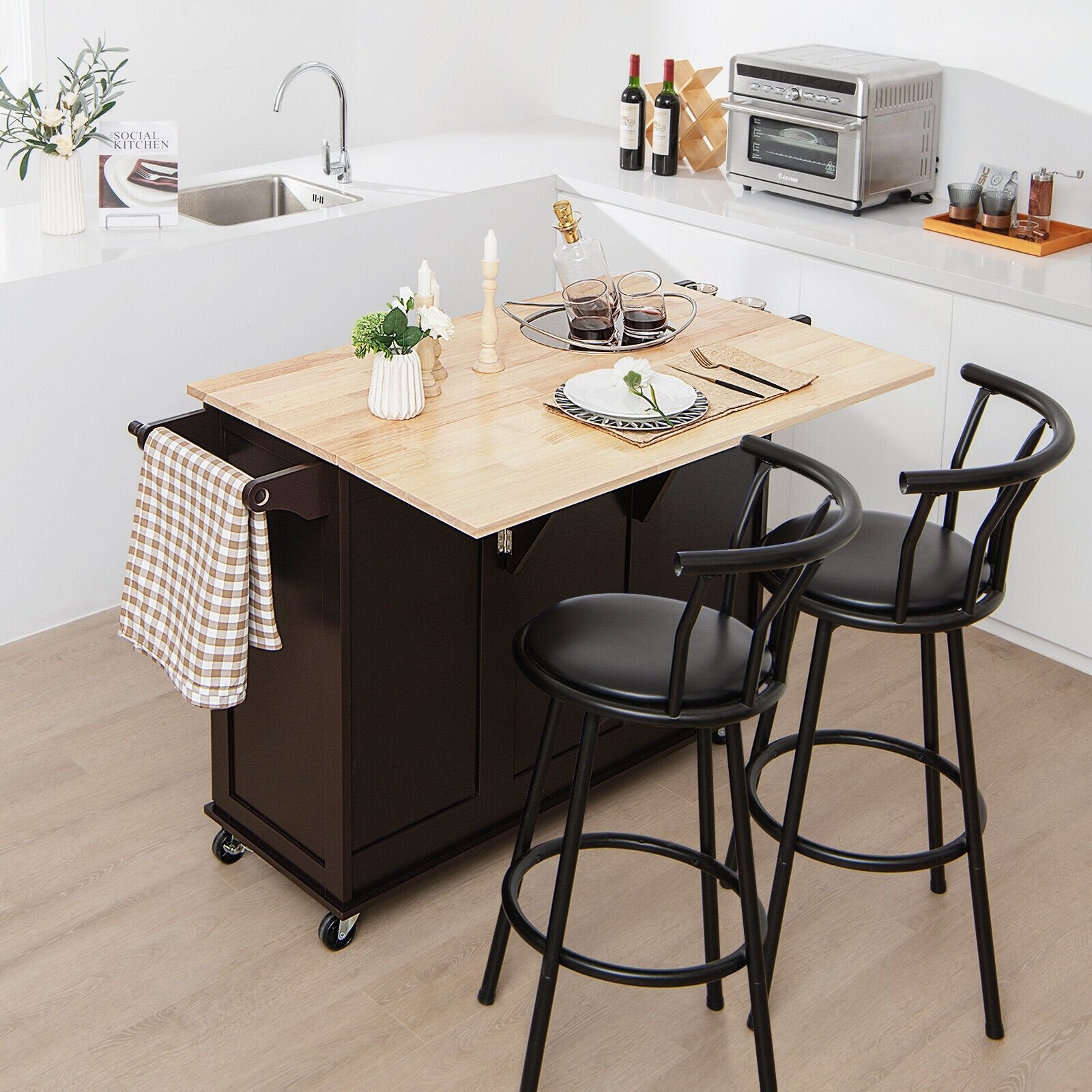 Kitchen Island Trolley Cart Wood with Drop-Leaf Tabletop and Storage Cabinet, Brown - Gallery Canada