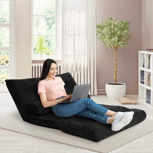 6-Position Adjustable Sleeper Lounge Couch with 2 Pillows, Black