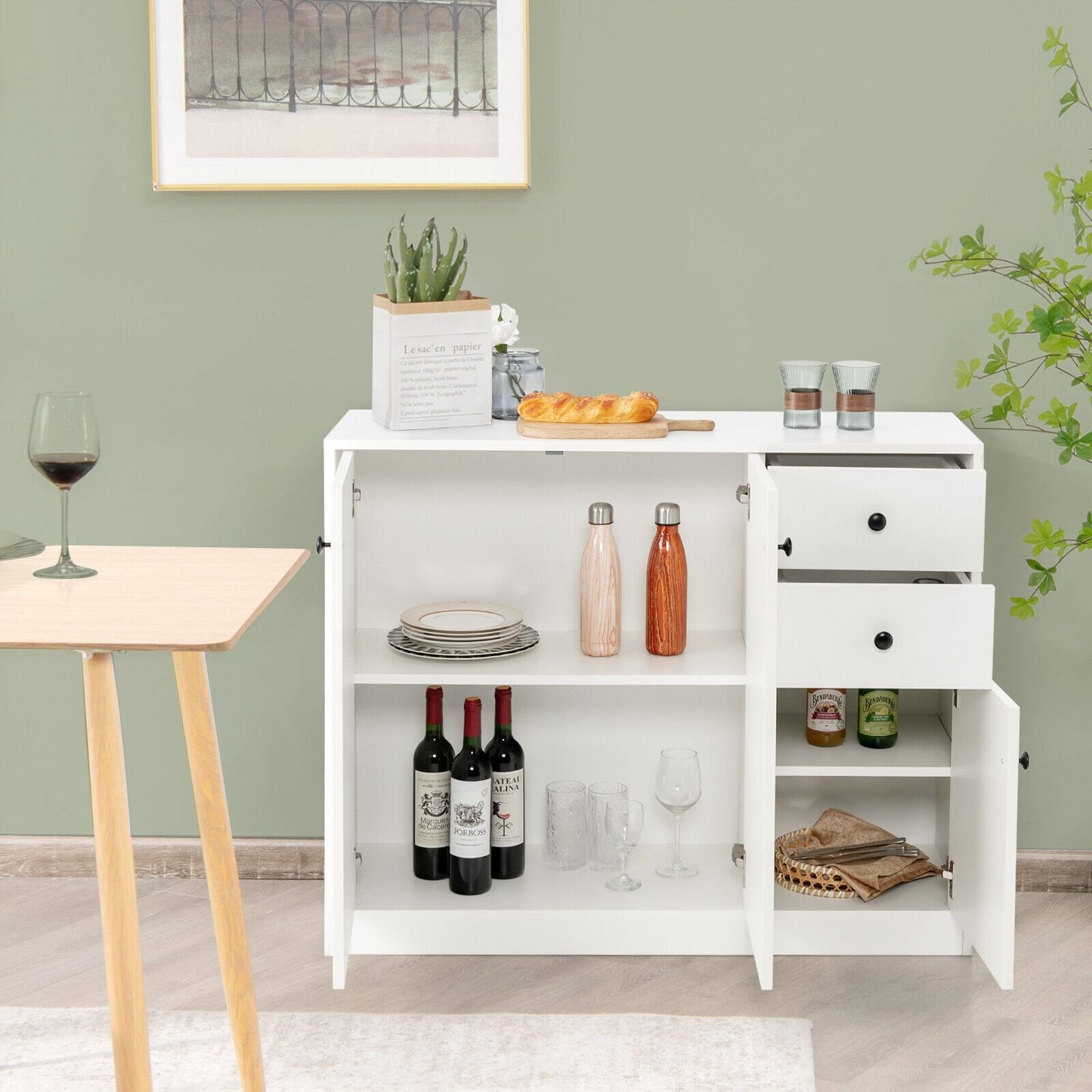 Modern Buffet Sideboard with 2 Pull-out Drawers and Adjustable Shelf for Kitchen, White - Gallery Canada