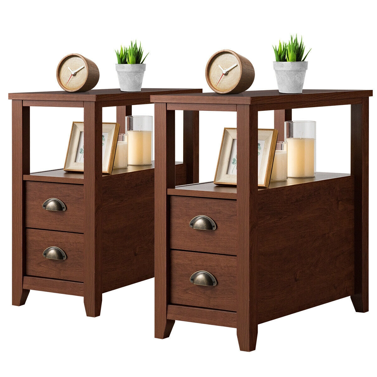 Set Of 2 Wooden End Tables, 2 Drawer & Shelf, Brown Nightstands at Gallery Canada