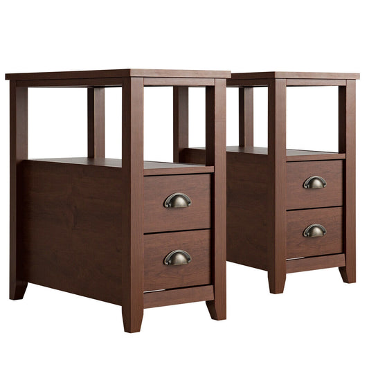Set Of 2 Wooden End Tables, 2 Drawer & Shelf, Brown Nightstands Brown at Gallery Canada