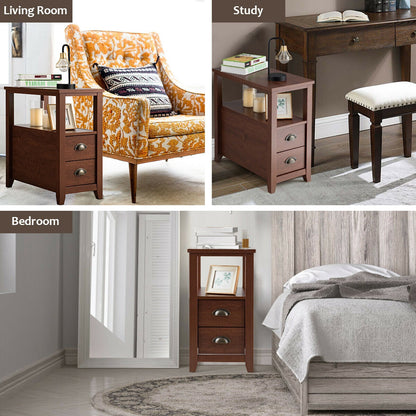 Set Of 2 Wooden End Tables, 2 Drawer & Shelf, Brown Nightstands at Gallery Canada