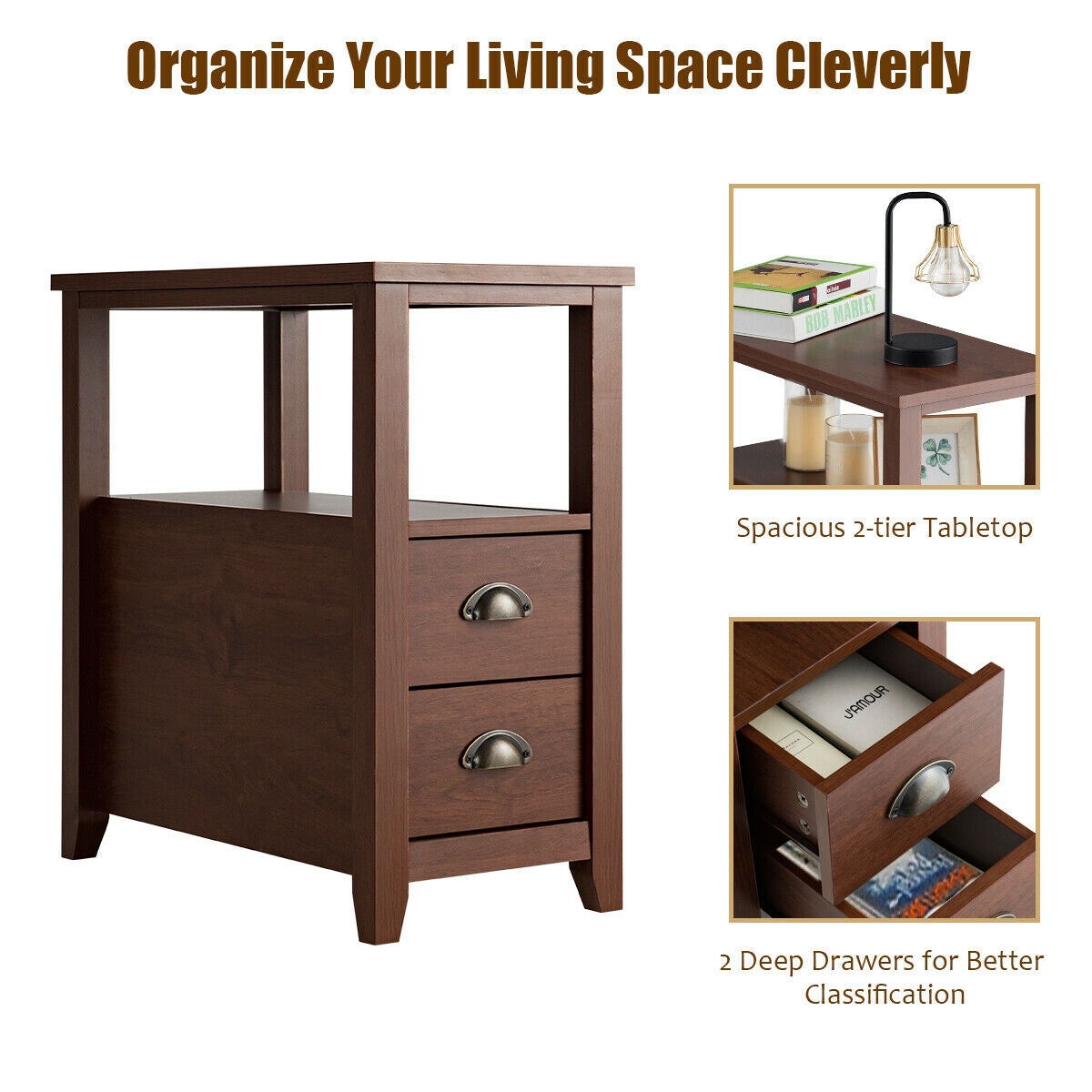 Set Of 2 Wooden End Tables, 2 Drawer & Shelf, Brown Nightstands at Gallery Canada