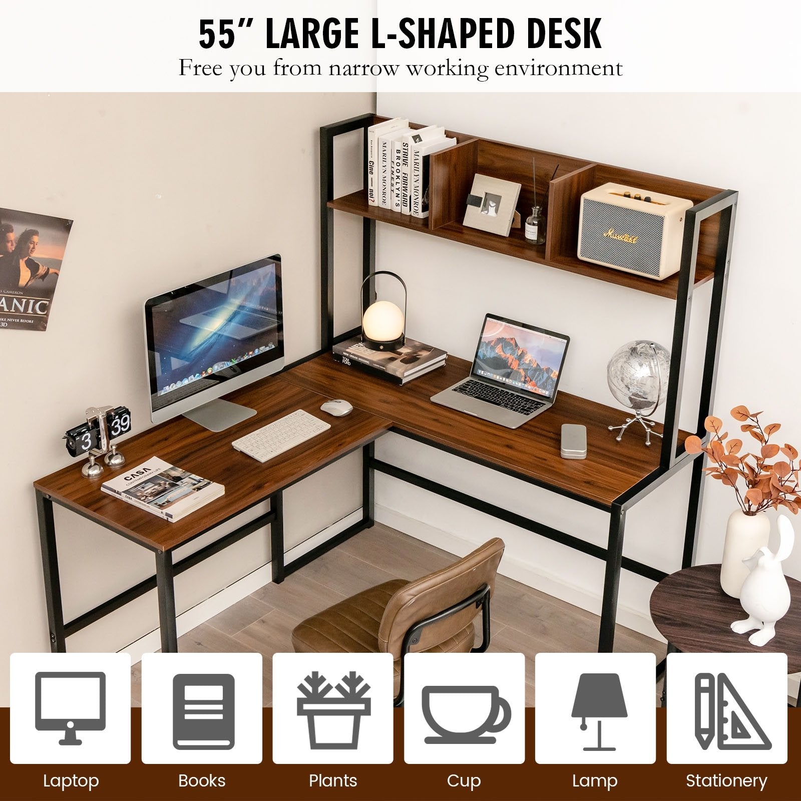 Reversible L-Shaped Corner Desk with Storage Bookshelf, Walnut - Gallery Canada