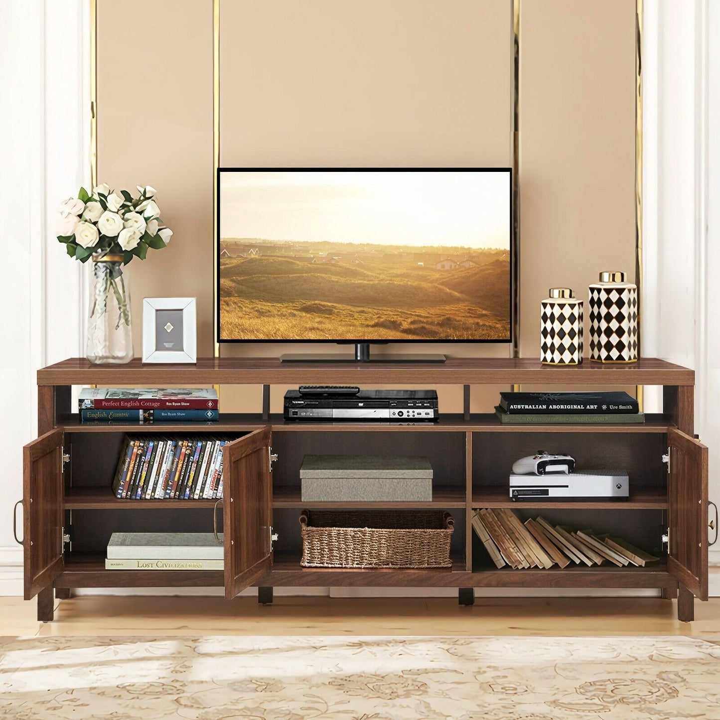 Universal TV Stand Entertainment Media Center for TV's up to 65 Inch, Walnut - Gallery Canada