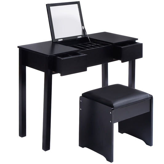 Vanity Makeup Dressing Table Set with Flip Top Mirror and Cushioned Stool, Black at Gallery Canada