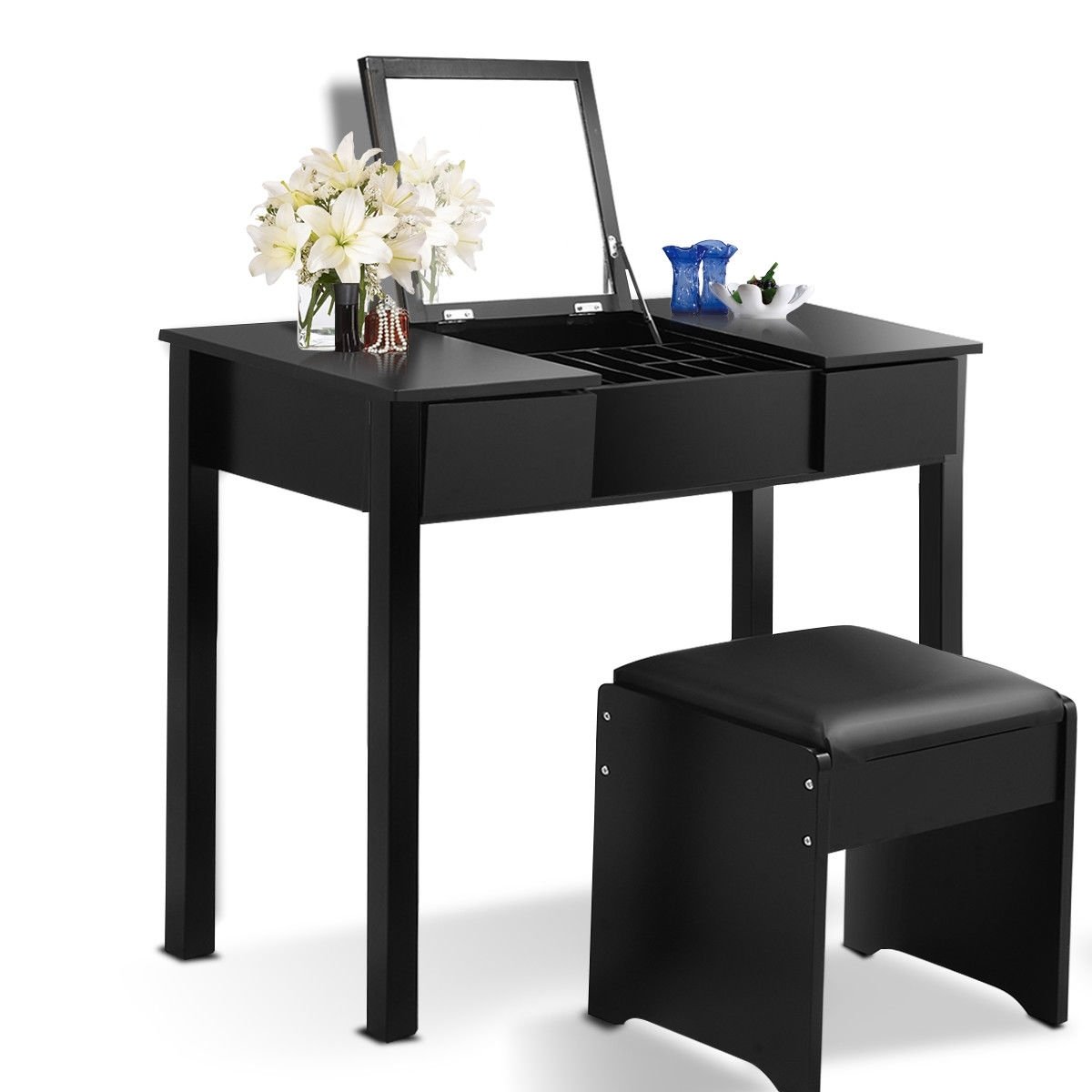 Vanity Makeup Dressing Table Set with Flip Top Mirror and Cushioned Stool, Black - Gallery Canada