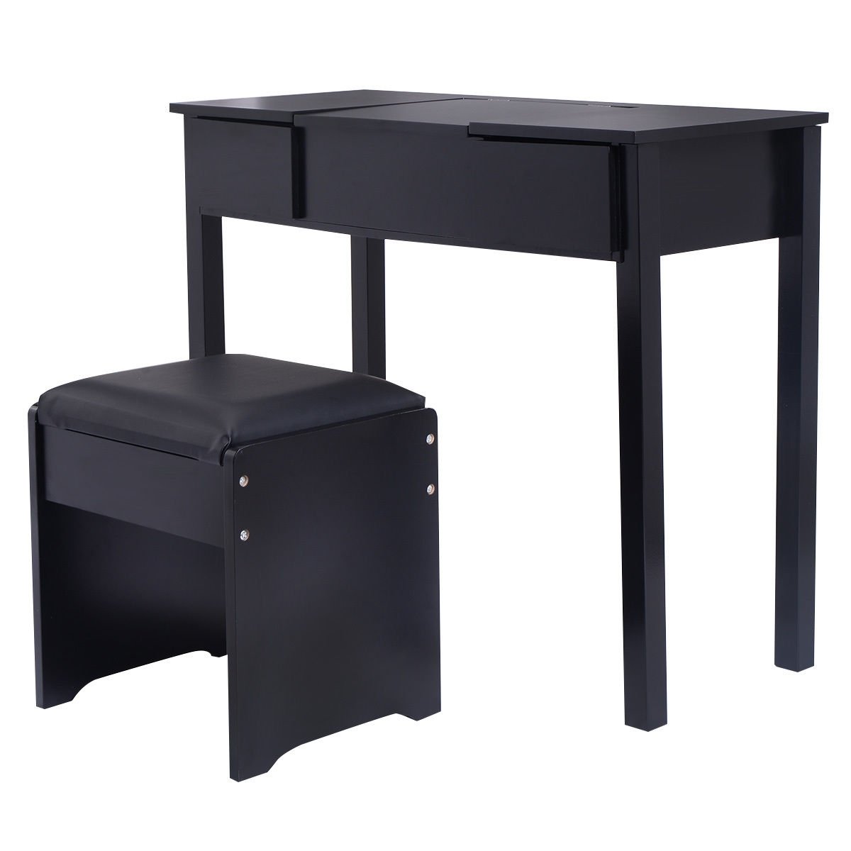 Vanity Makeup Dressing Table Set with Flip Top Mirror and Cushioned Stool, Black - Gallery Canada