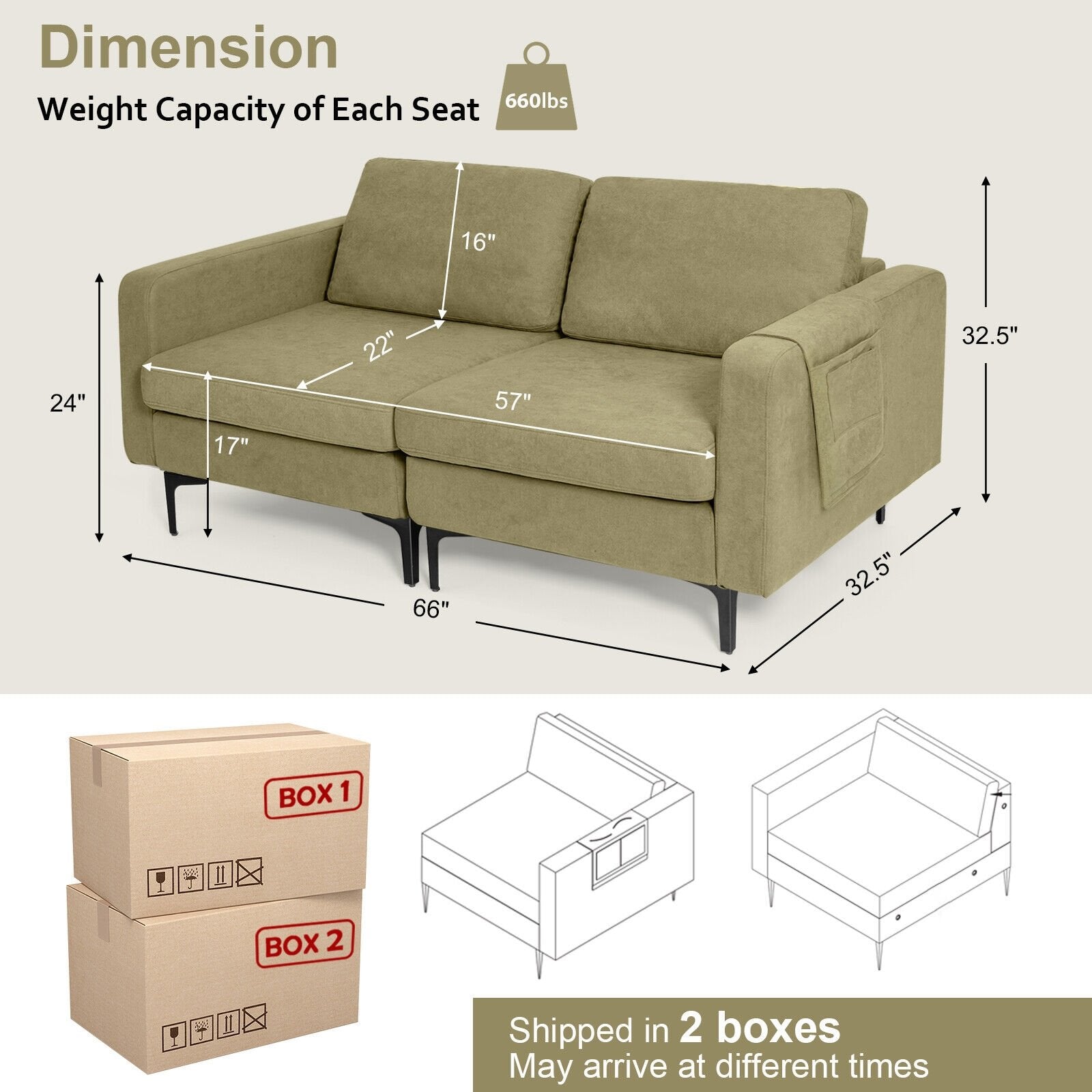 Modern Loveseat Sofa Couch with Side Storage Pocket and Sponged Padded Seat Cushions, Green - Gallery Canada