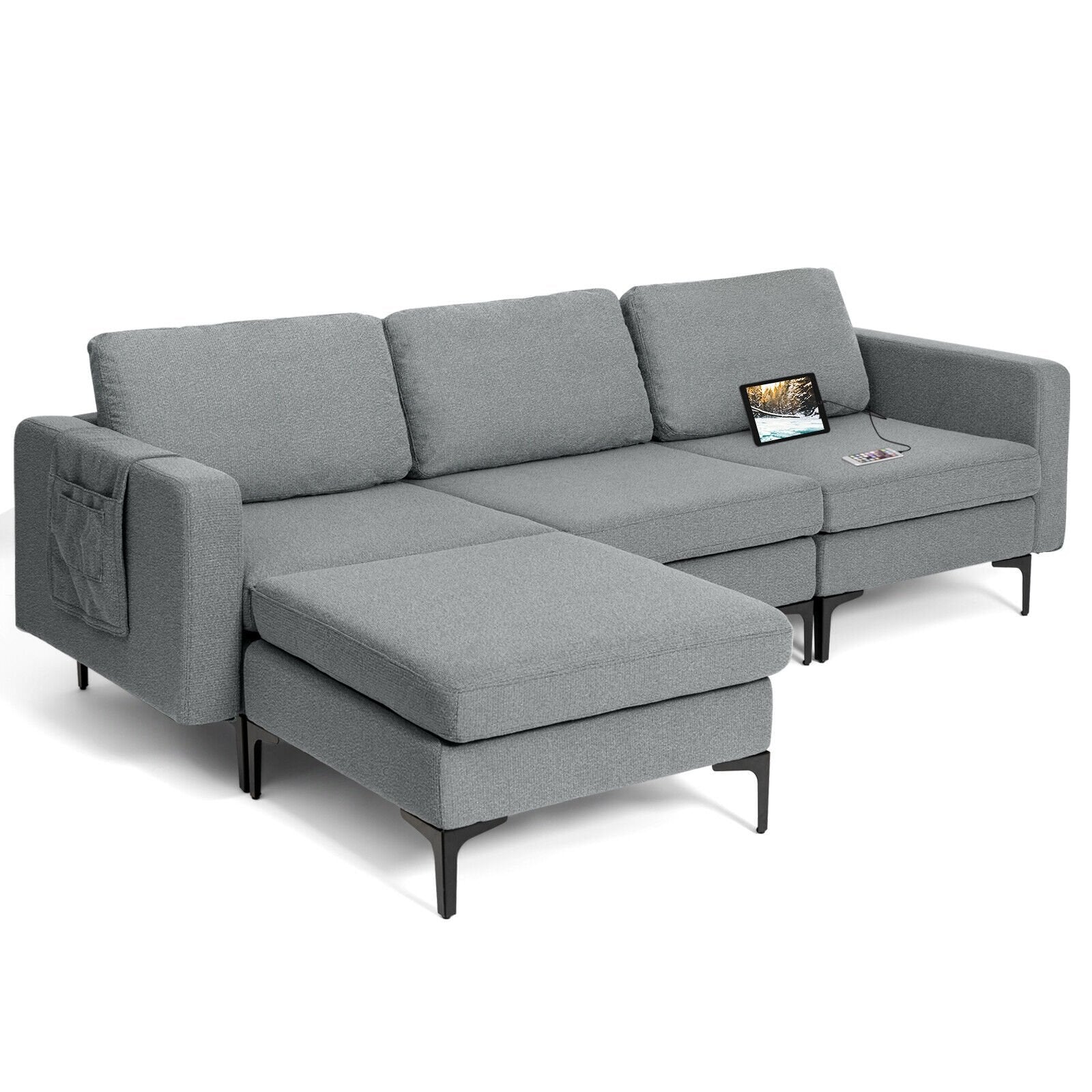 Modular L-shaped Sectional Sofa with Reversible Chaise and 2 USB Ports, Dark Gray - Gallery Canada