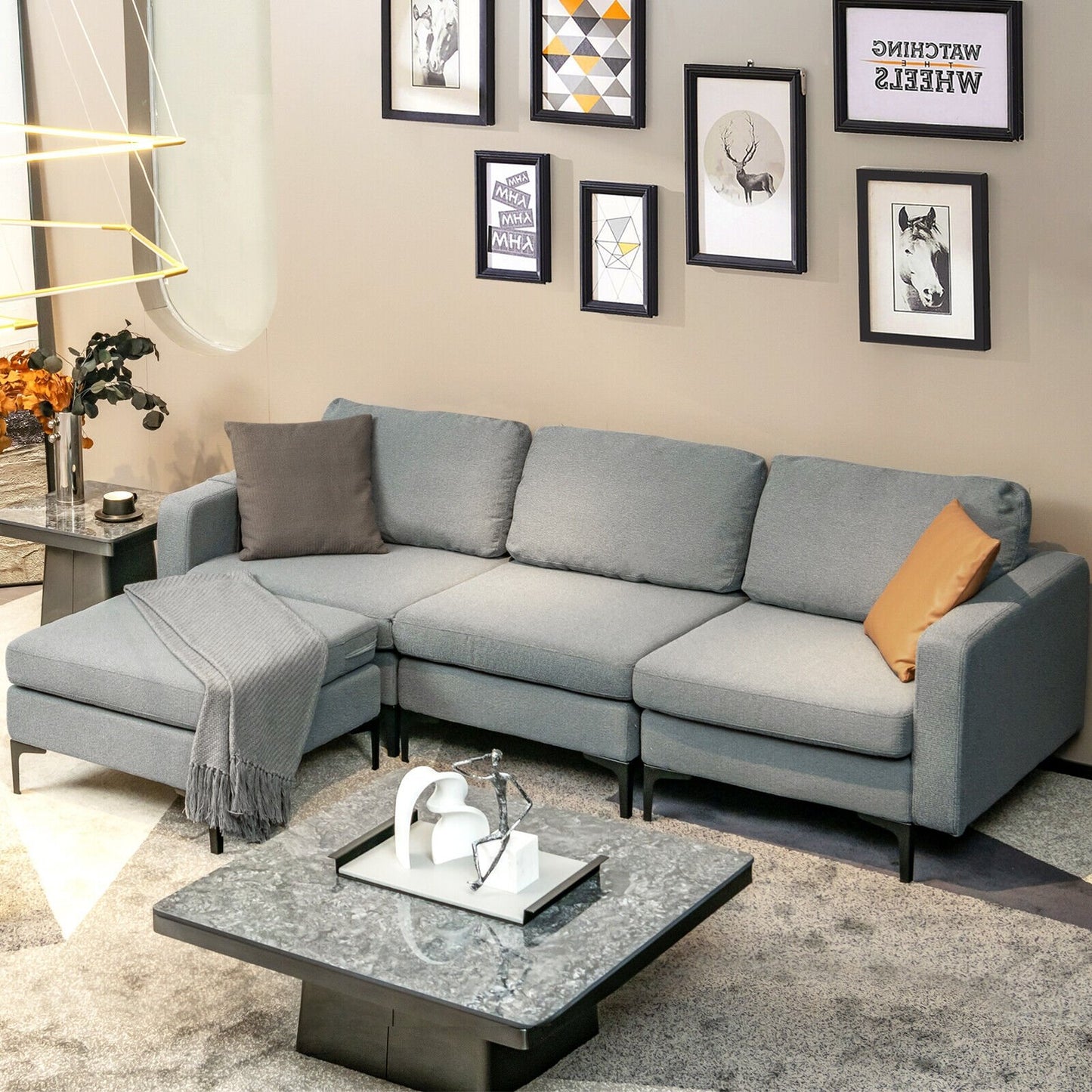 Modular L-shaped Sectional Sofa with Reversible Chaise and 2 USB Ports, Dark Gray - Gallery Canada