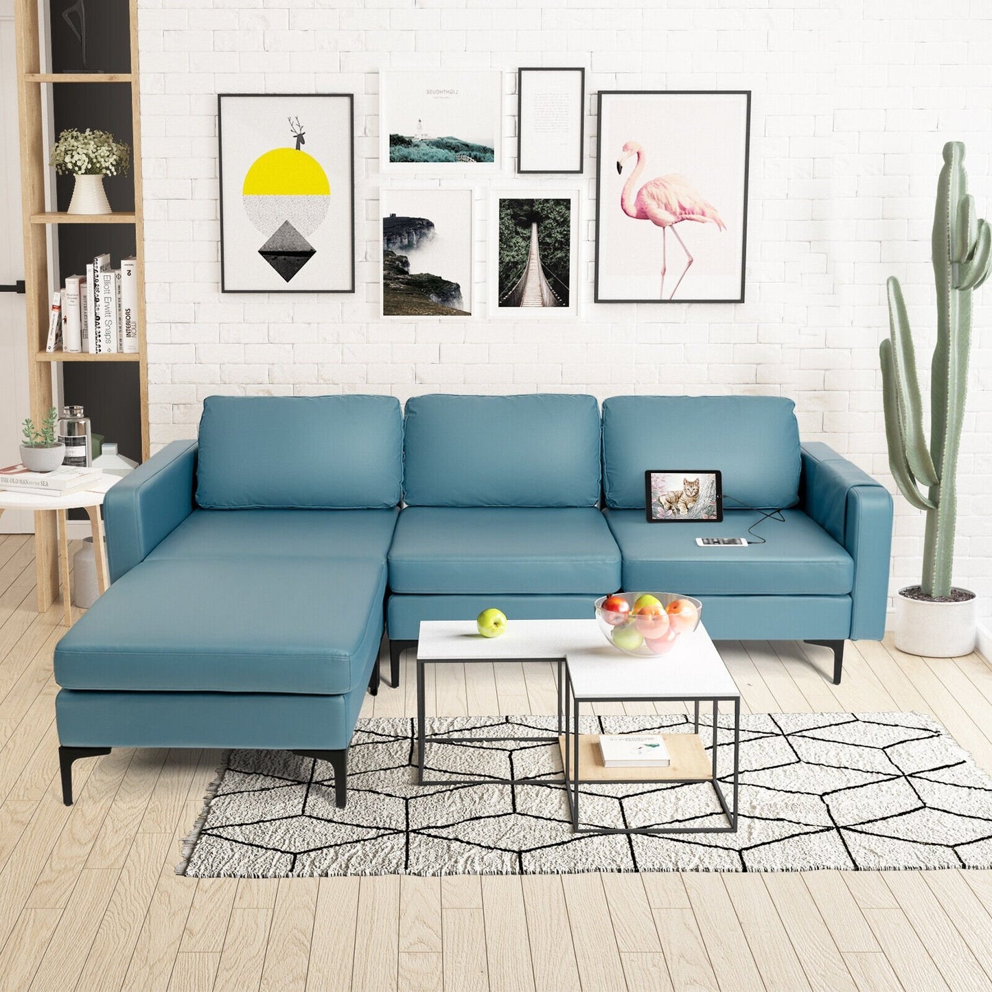 Modular L-shaped Sectional Sofa with Reversible Chaise and 2 USB Ports, Blue - Gallery Canada