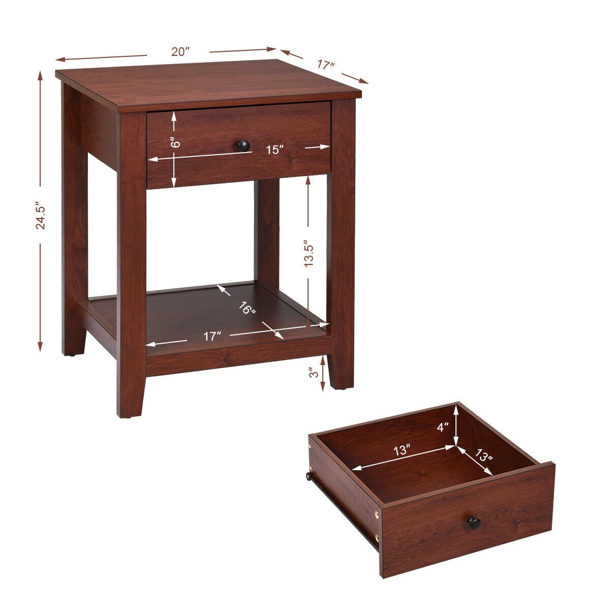 Night Stand With Drawer And Shelf, Brown Nightstands at Gallery Canada