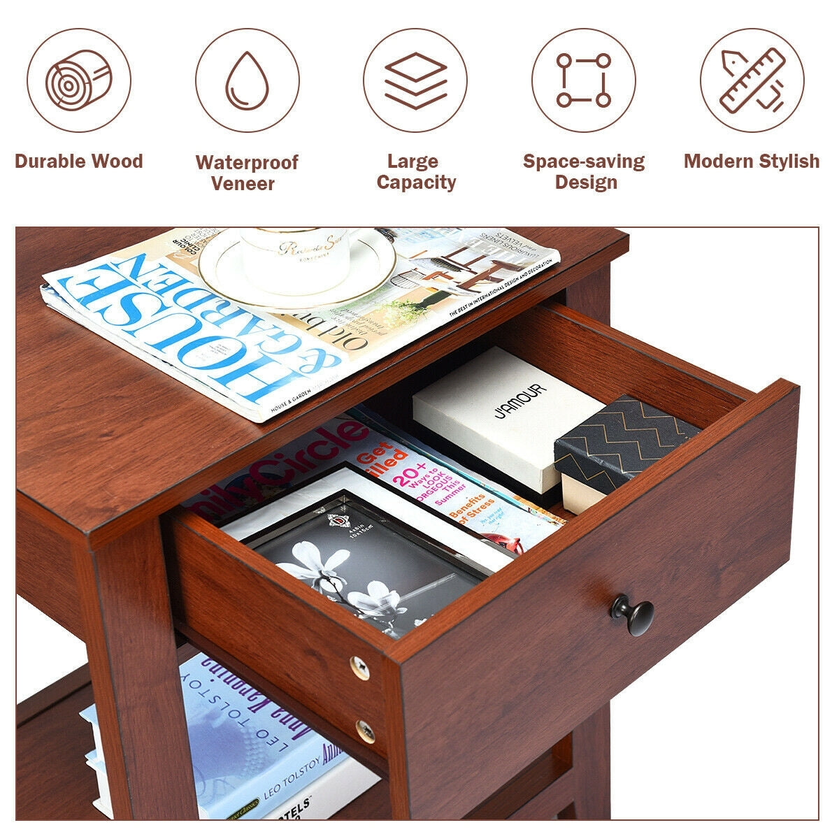 Night Stand With Drawer And Shelf, Brown Nightstands at Gallery Canada