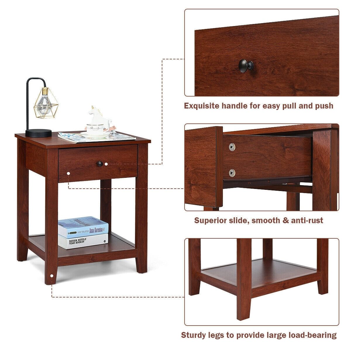 Night Stand With Drawer And Shelf, Brown Nightstands at Gallery Canada