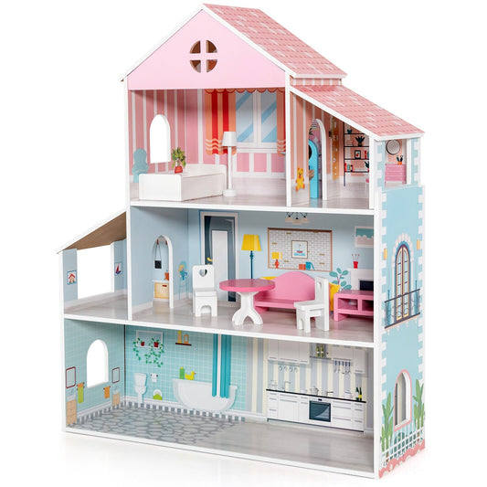 3-Tier Toddler Doll House with Furniture Gift for Age over 3, Multicolor