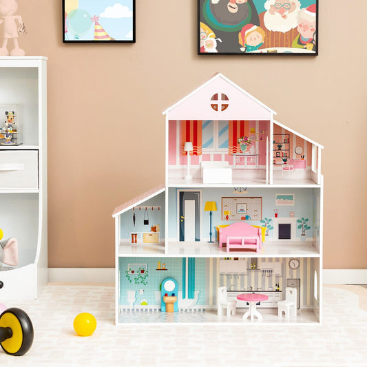 3-Tier Toddler Doll House with Furniture Gift for Age over 3, Multicolor - Gallery Canada
