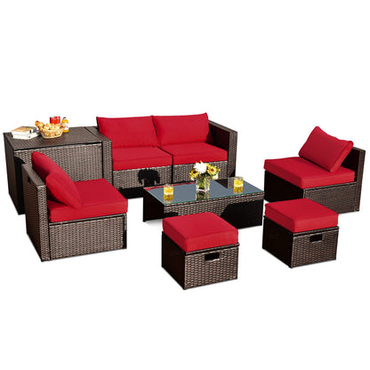 Ensemble de mobilier de patio en rotin 8 pièces, boîte de rangement, housse imperméable, rouge