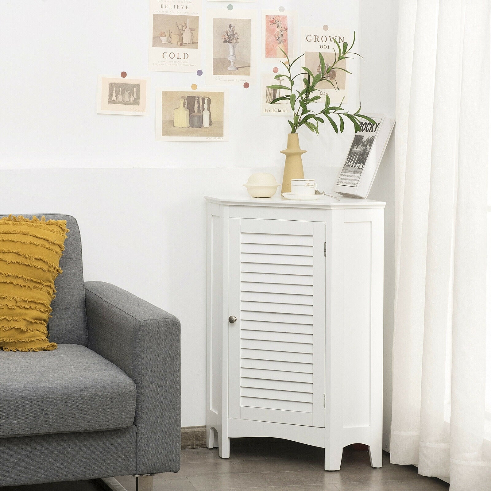 Corner Storage Cabinet, Free Standing, Shutter Door, White Floor Cabinets at Gallery Canada