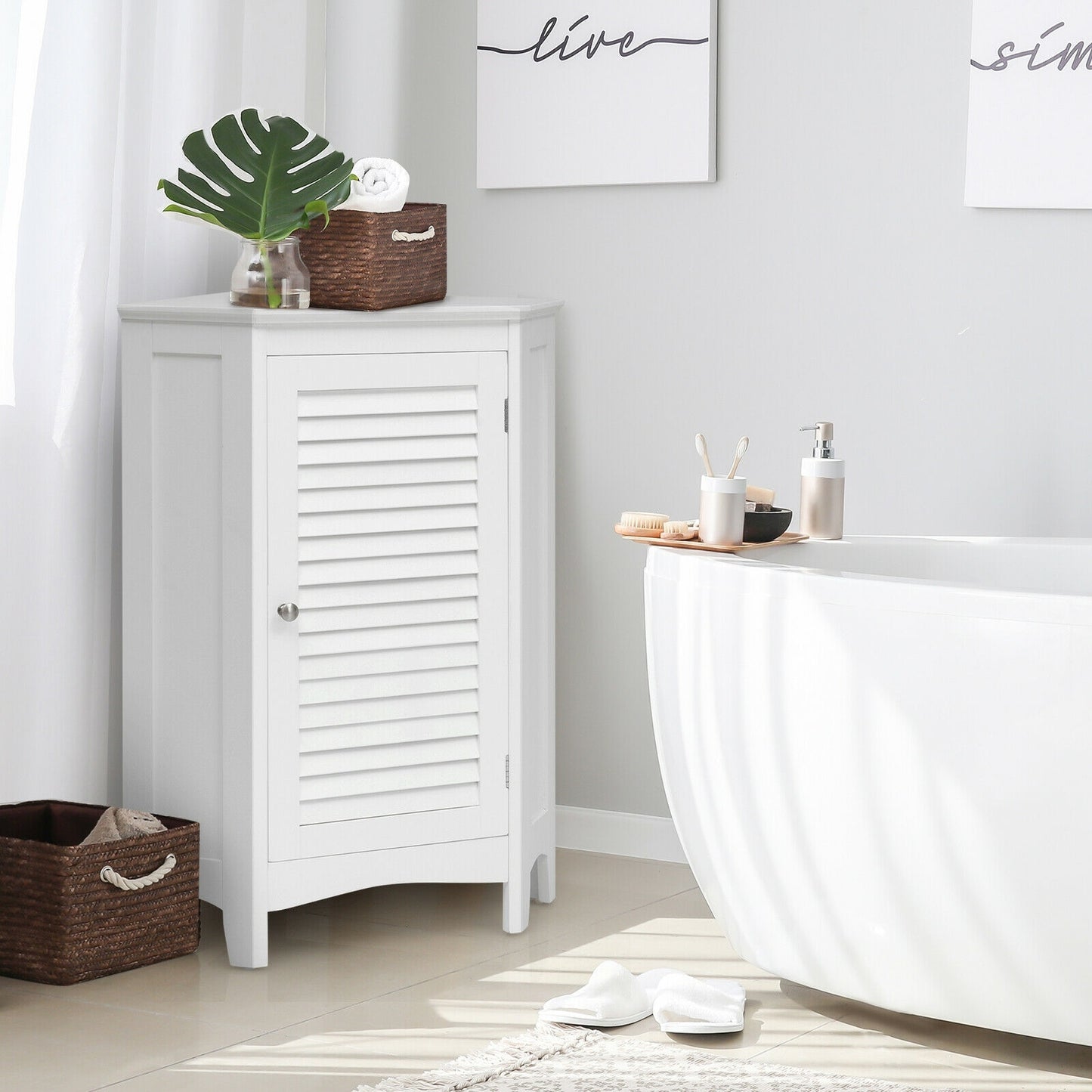 Corner Storage Cabinet, Free Standing, Shutter Door, White Floor Cabinets at Gallery Canada