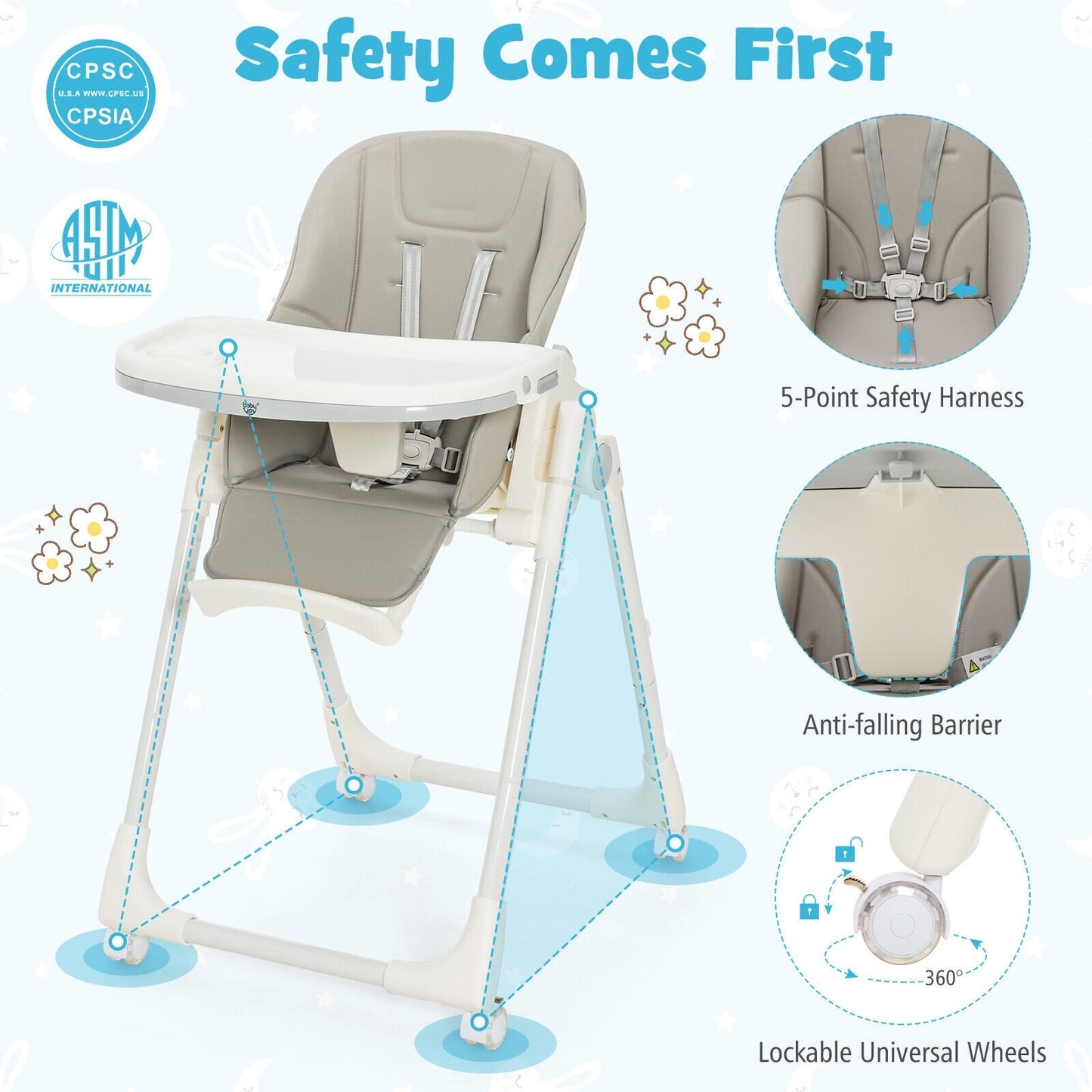 Folding High Chair with Height Adjustment and 360° Rotating Wheels, Gray - Gallery Canada
