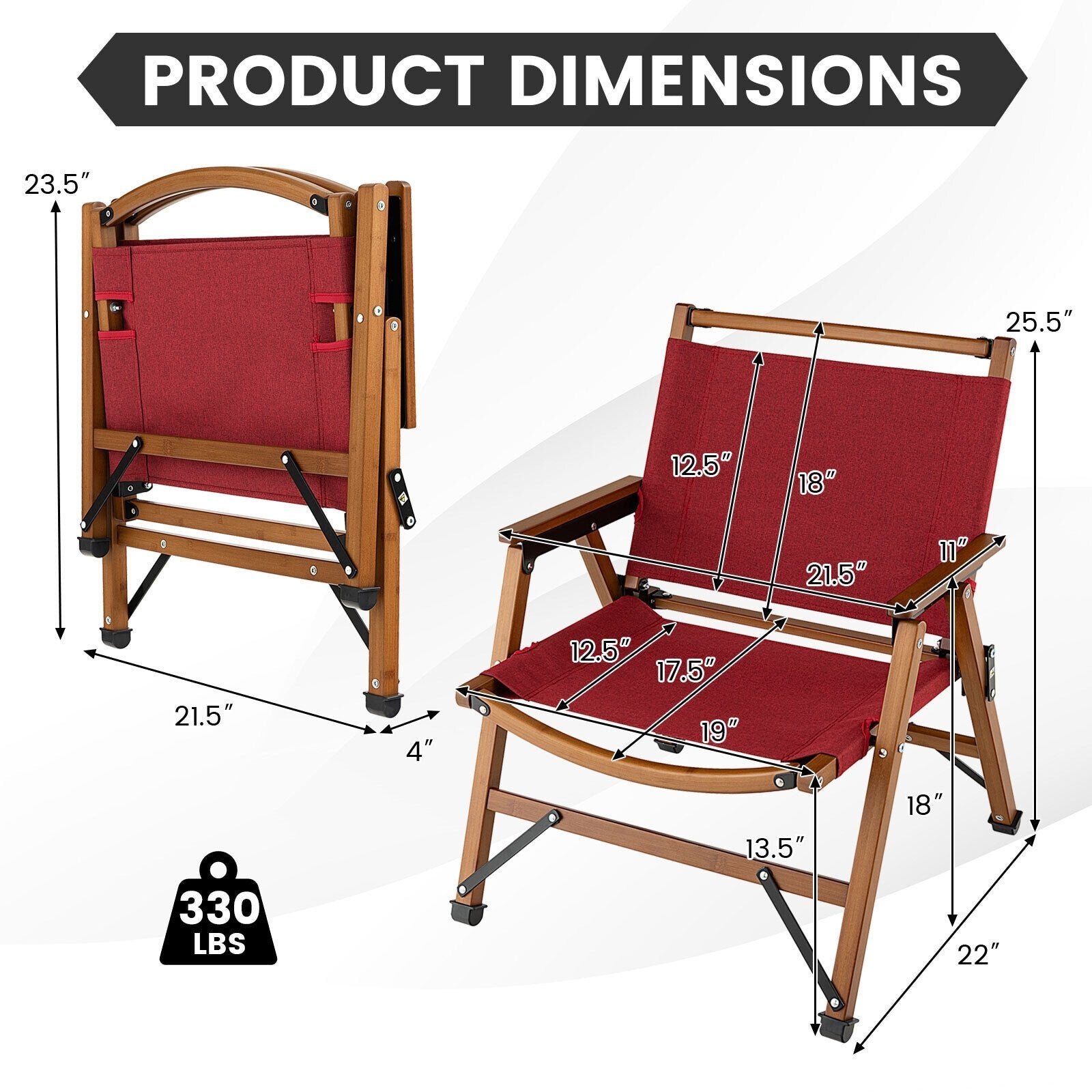Patio Folding Camping Beach Chair with Solid Bamboo Frame, Red - Gallery Canada