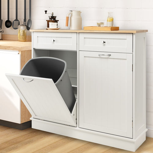 Rubber Wood Kitchen Trash Cabinet with Single Trash Can Holder and Adjustable Shelf, White