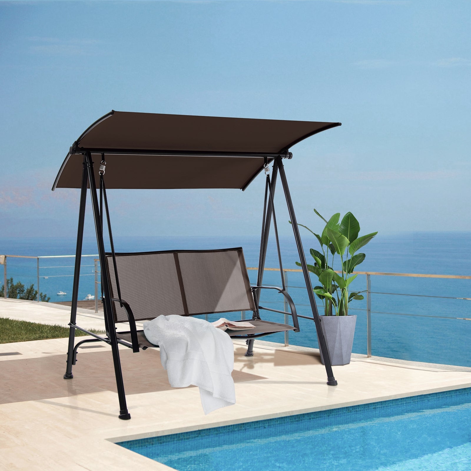2-Seat Outdoor Canopy Swing with Comfortable Fabric Seat and Heavy-duty Metal Frame, Brown Porch Swings at Gallery Canada
