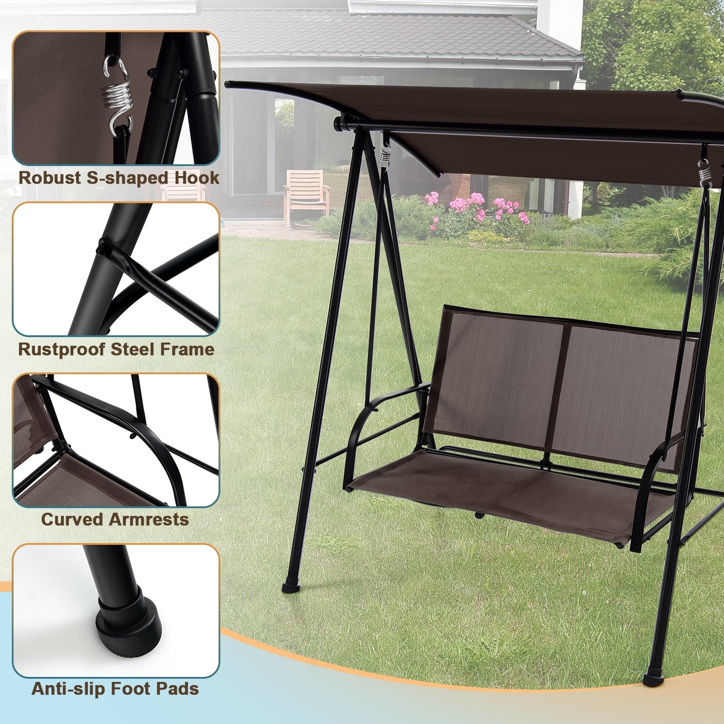 2-Seat Outdoor Canopy Swing with Comfortable Fabric Seat and Heavy-duty Metal Frame, Brown Porch Swings at Gallery Canada