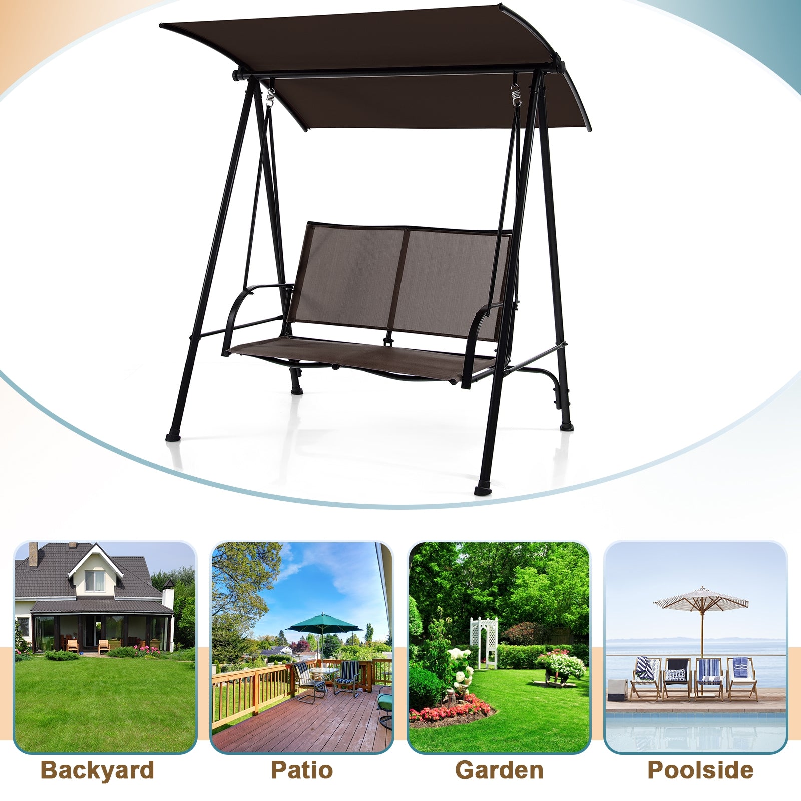 2-Seat Outdoor Canopy Swing with Comfortable Fabric Seat and Heavy-duty Metal Frame, Brown Porch Swings at Gallery Canada