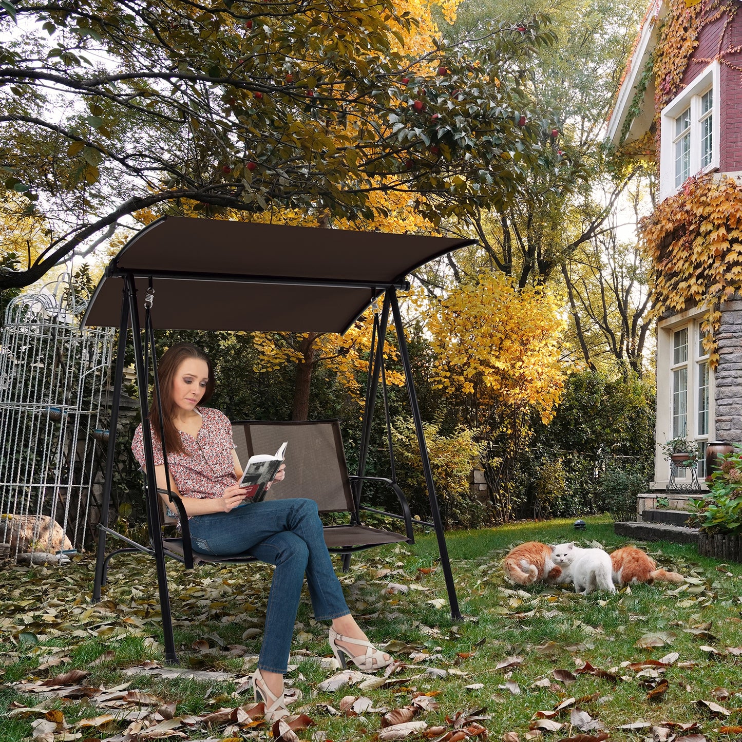 2-Seat Outdoor Canopy Swing with Comfortable Fabric Seat and Heavy-duty Metal Frame, Brown Porch Swings at Gallery Canada