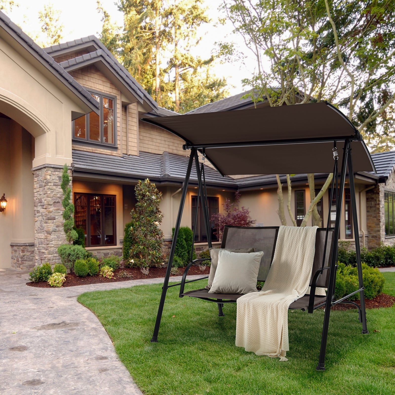 2-Seat Outdoor Canopy Swing with Comfortable Fabric Seat and Heavy-duty Metal Frame, Brown Porch Swings at Gallery Canada