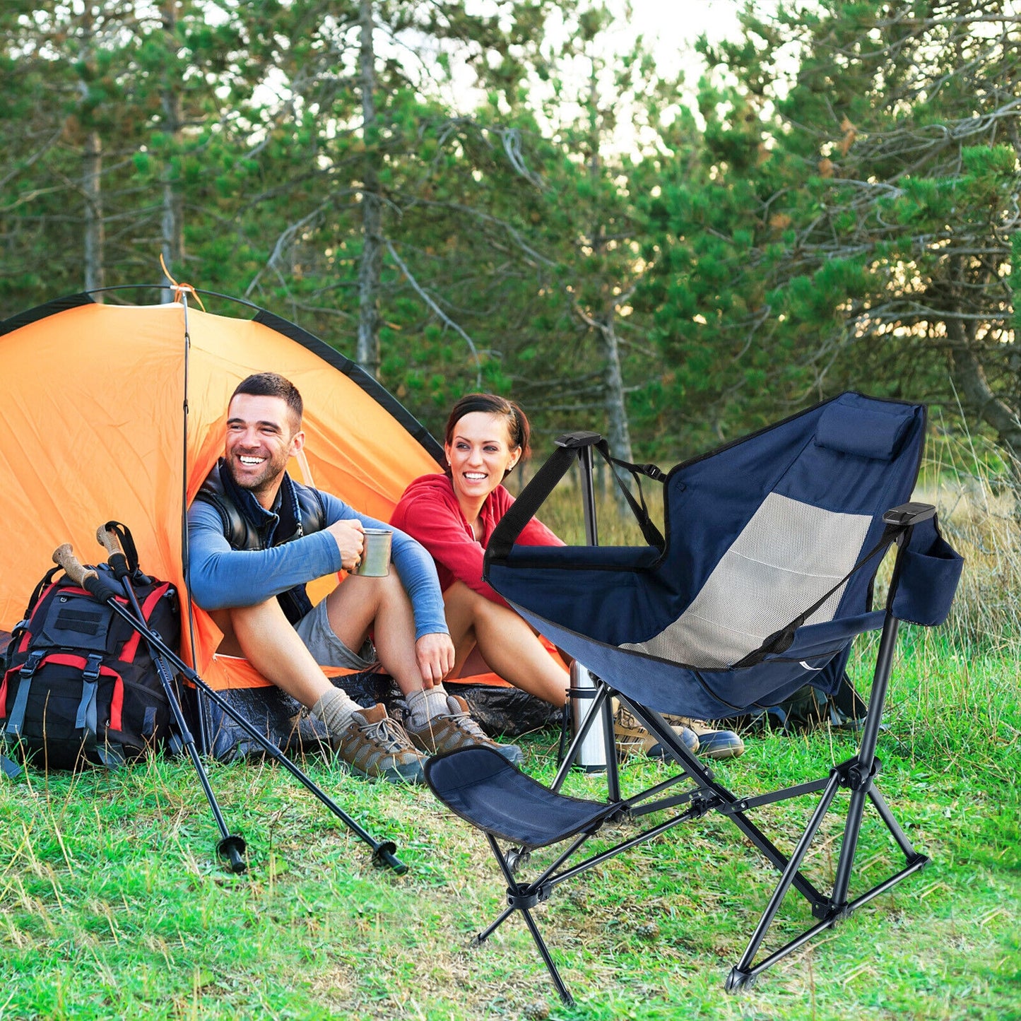 Hammock Camping Chair with Retractable Footrest and Carrying Bag, Navy Camping Furniture at Gallery Canada