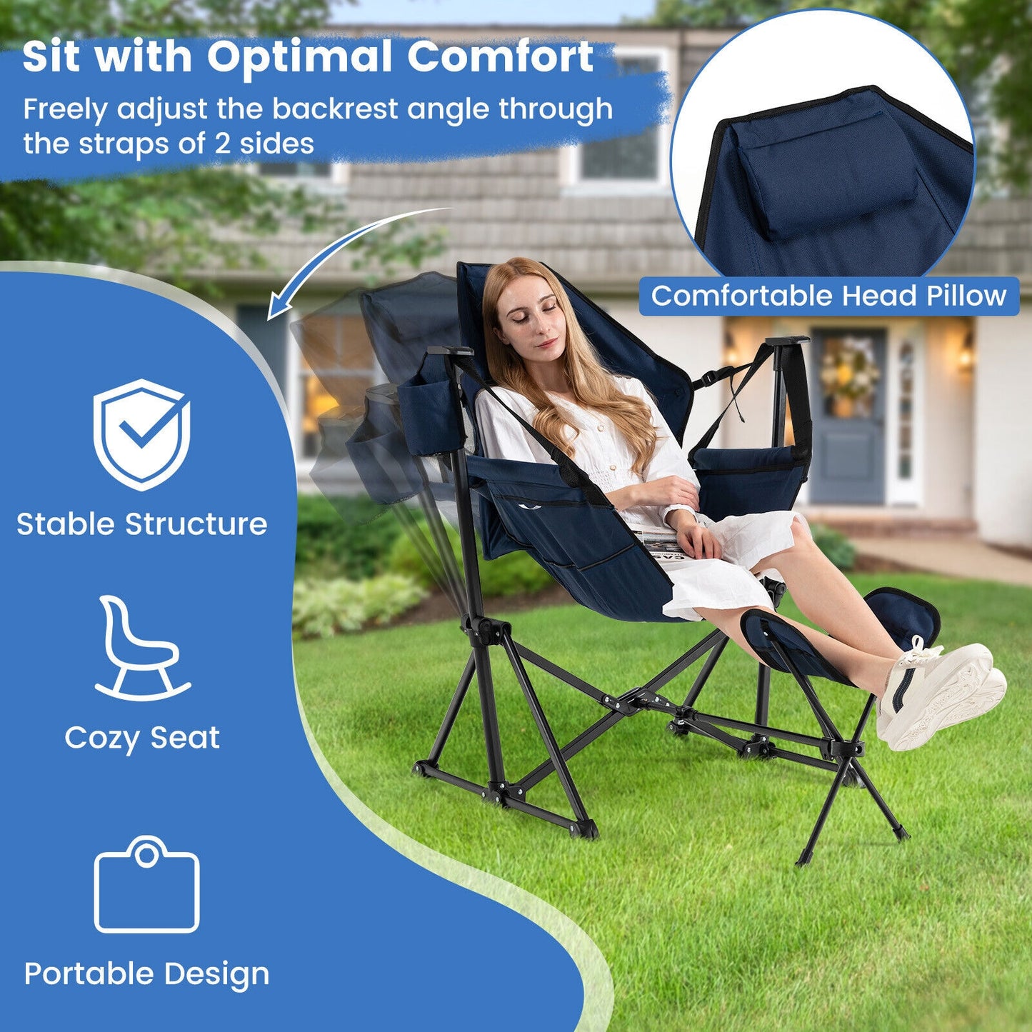 Hammock Camping Chair with Retractable Footrest and Carrying Bag, Navy Camping Furniture at Gallery Canada